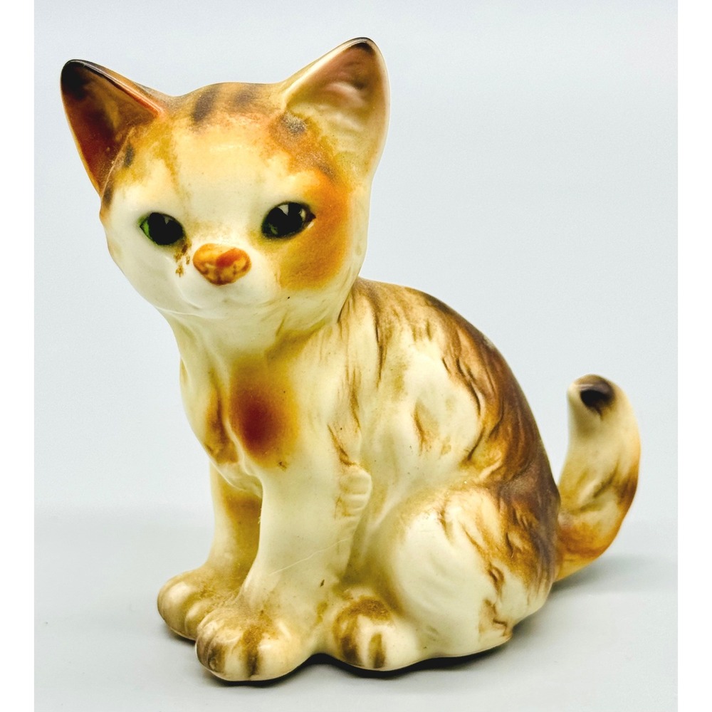 Vintage Japan Ceramic Cat Figurine Brown White Calico Kitten 1274